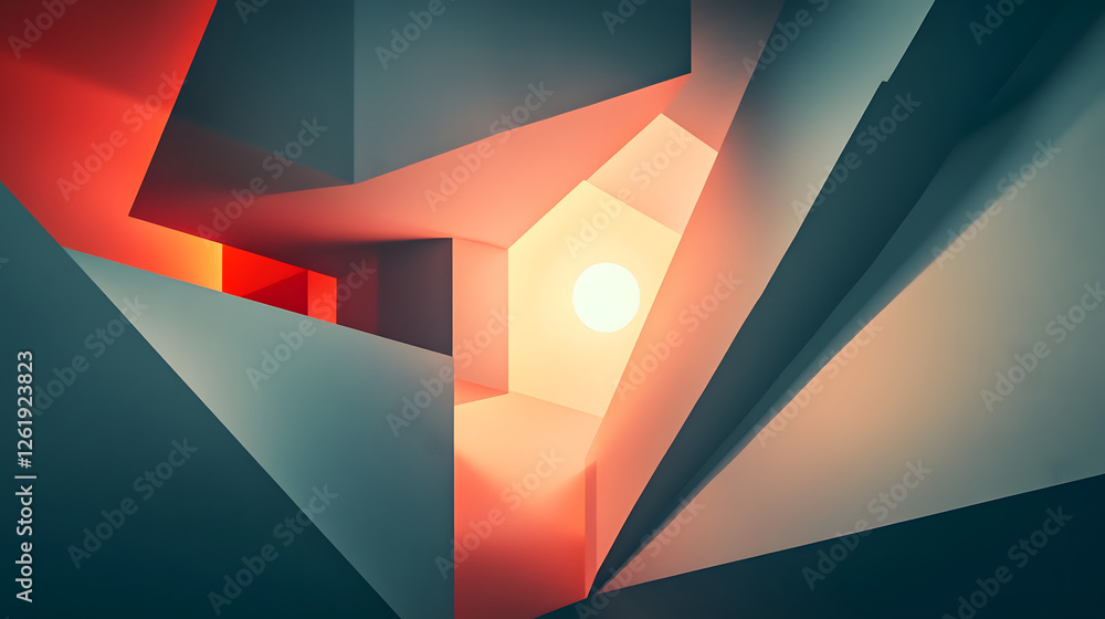 Poster dynamic abstract geometric composition featuring intriguing shapes and colors in a surreal environme