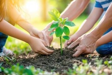 Family planting tree, nature, sunlight, children helping