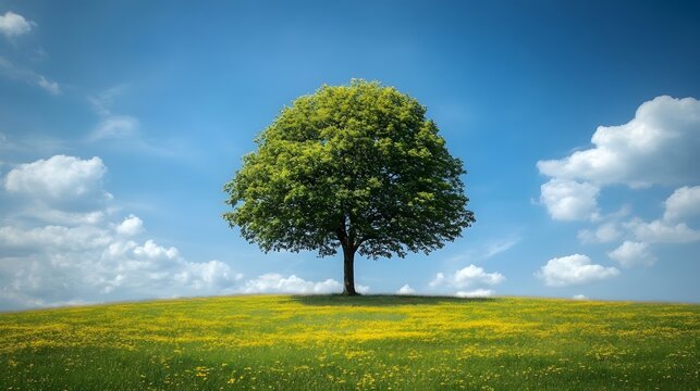 Solitary tree standing tall on a field of yellow wildflowers under a bright sky