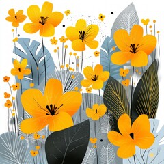 Golden Yellow Flowers and Gray Leaves Illustration