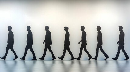 Silhouetted men walking in a row, indoor setting, minimalist background, for business concepts