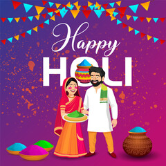 Happy Holi text with two cartoon figures man with pichkari and woman with gulal The vibrant background features a splash of colors bowls of powder and festive water guns