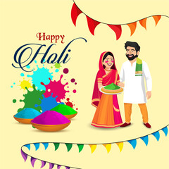 A vibrant Holi card with Happy Holi text a man with A pichkari and a woman holding gulal A colorful burst background bowls of powder and water splashes add festive joy