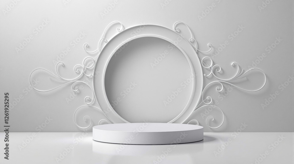 Poster elegant white pedestal display with intricate swirl patterns on neutral background