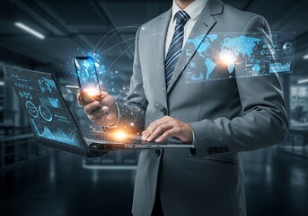 Man Using Laptop and Phone Connecting to Global Network Data