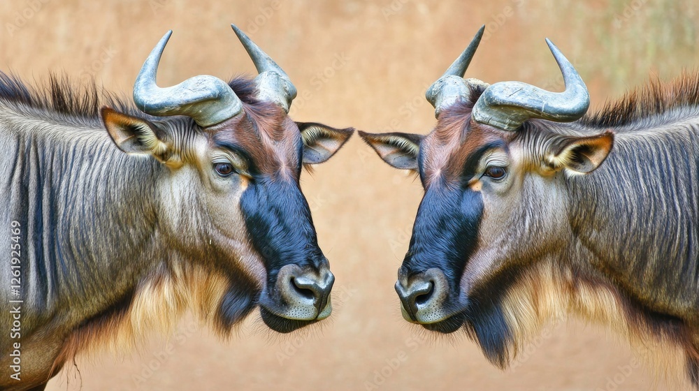 Poster two wildebeests facing each other, showcasing their distinct features and horns.