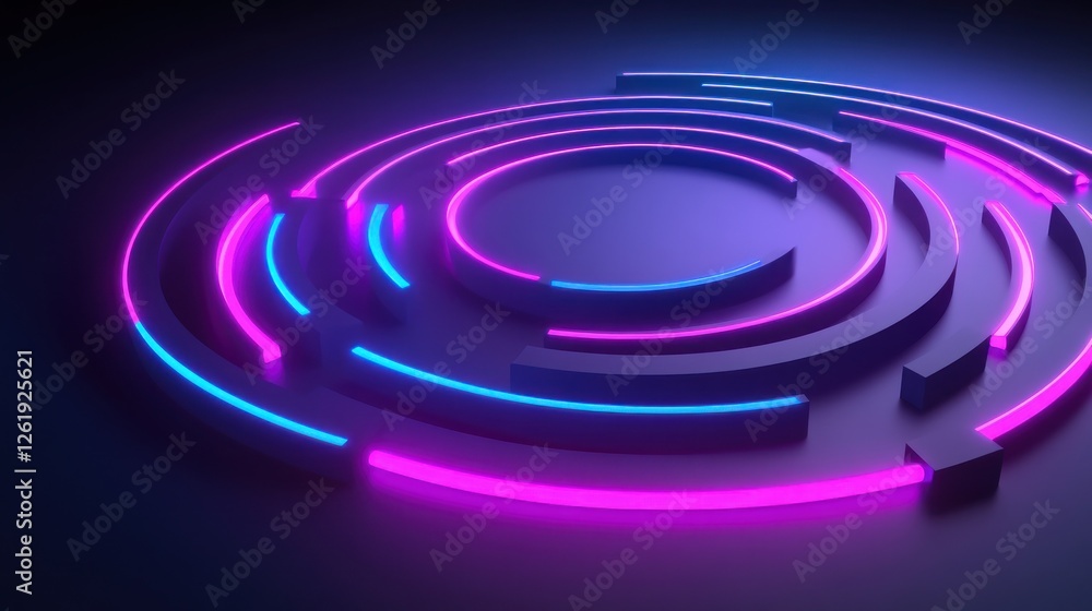 Poster abstract neon circular pattern with glowing blue and pink lines on a dark background, creating a fut
