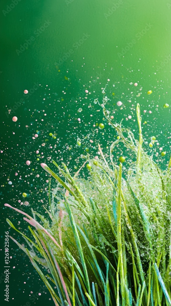 Aufkleber green grass with seeds exploding on a green background