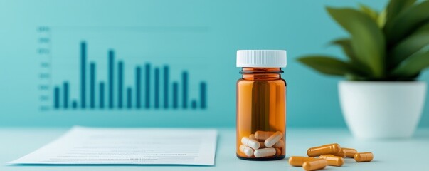 A clear bottle of pills sits beside a document and a plant, with a background showing a bar graph, symbolizing health and data analysis.