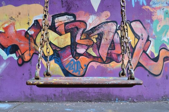 Rusty swing hangs before a vibrant graffiti covered wall