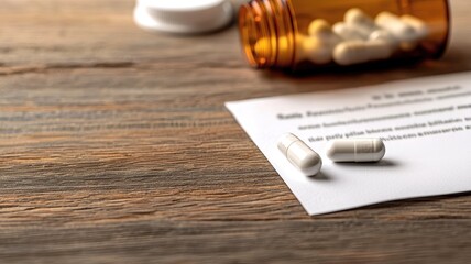 A close-up view of a prescription pill bottle, with scattered capsules and a medication instruction sheet on a wooden surface.