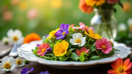 A fresh salad with edible flowers creates a fresh and delightful atmosphere. The vibrant colors and garden setting celebrate the joy of spring meals and the importance of seasonal ingredients.