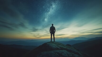 Fototapeta premium Silhouette gazing at celestial spectacle amidst mountain vista horizon