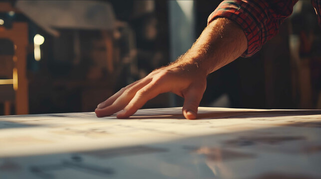 close up of hands standing decisively over an industrial design table natural light photorealism warm meeting