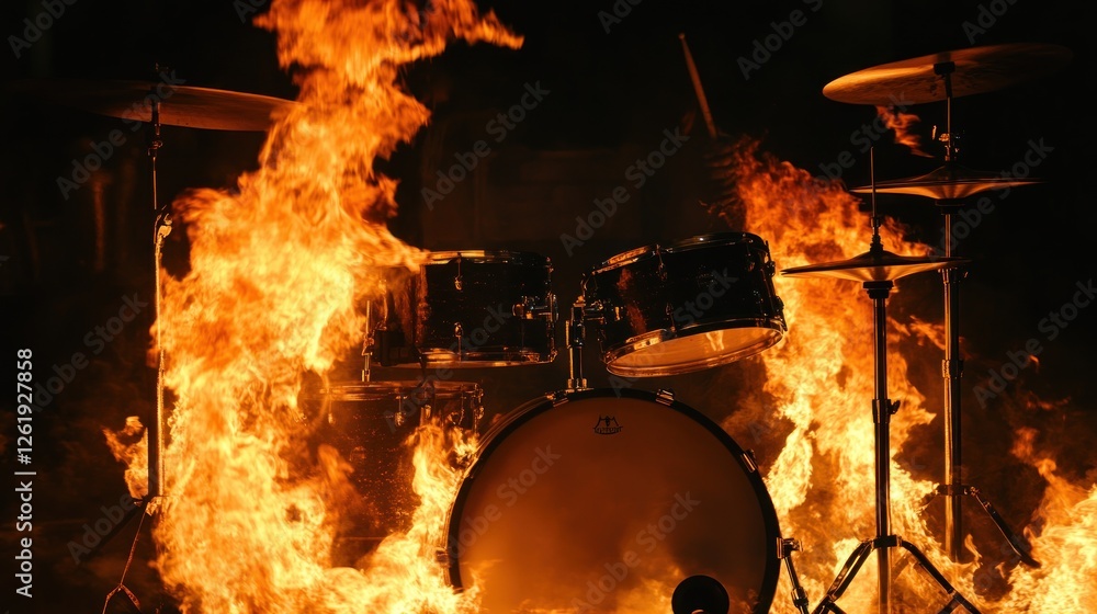 Poster a drum set engulfed in flames, creating a dramatic and intense visual effect.