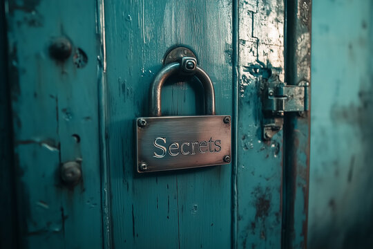 Barn padlock on an old door with the inscription secrets abstract background.