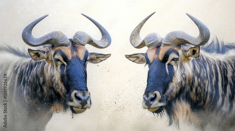 Poster two wildebeests face each other in a dusty environment, showcasing their distinctive features.