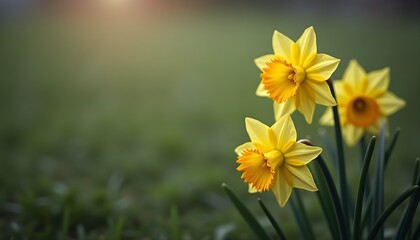 Obraz premium Yellow daffodils blooming in green meadow at sunset