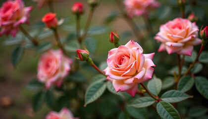 Fototapeta premium Pink and peach roses blooming in a garden