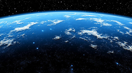 Fototapeta premium A stunning blue abstract view of a glowing planet from space with bright tones and a blurred background, creating a sense of vastness, mystery, and cosmic energy.