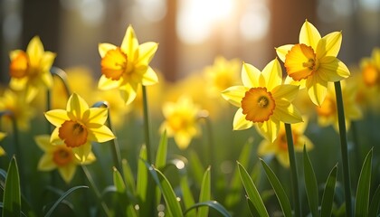 Obraz premium Yellow daffodils blooming in sunlight in a spring garden