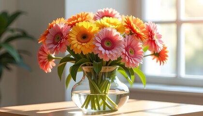 Vibrant bouquet of gerbera daisies in a glass vase