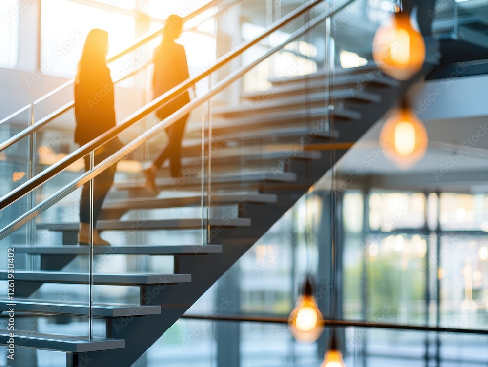 Poster a soft-lit image of two silhouettes walking down a modern staircase, featuring large windows and han