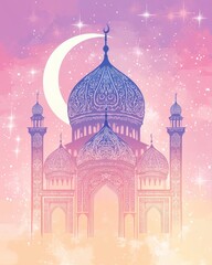 Fototapeta premium Pink and purple pastel mosque silhouette against a night sky with crescent moon and stars. Dreamlike, peaceful atmosphere