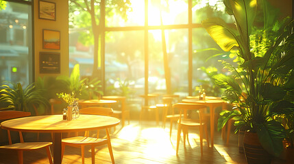 Obraz premium Sunlit cafe interior, tables, plants, city view. Ideal for restaurant, cafe, or lifestyle advertising