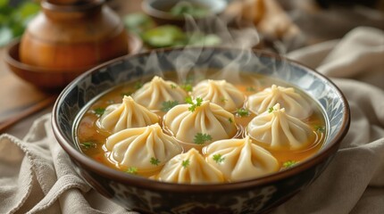 Steaming soup dumplings in broth with fresh parsley garnish in elegant bowl
