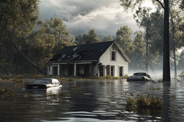 Fototapeta premium Flooded house and cars in forest during storm