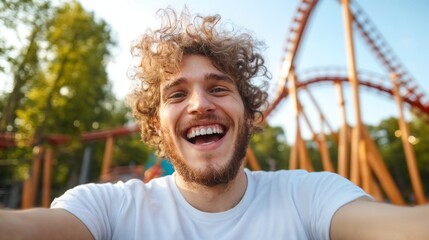 Excited young man taking selfie at amusement park with roller coaster. Perfect for entertainment, leisure activities, and summer fun advertising.
