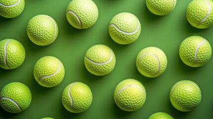 A vibrant arrangement of tennis balls on a green surface, ideal for sports-themed content