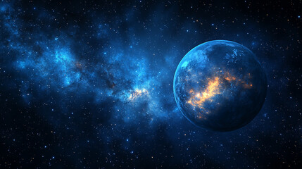A stunning blue abstract view of a glowing planet from space with bright tones and a blurred background, creating a sense of vastness, mystery, and cosmic energy.

