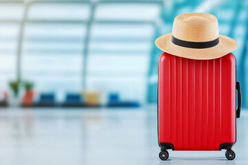 Obraz premium Red suitcase with straw hat in airport terminal. Vacation and travel preparation. Concept for travel, leisure, advertisement, tourism. 