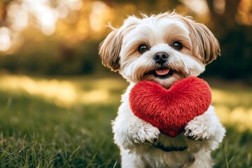 Digital ads critter visual concept art. Shih tzu - my treasured dog, symbol of friendship. Cute shih tzu canine with fluffy red heart on a walk in a spring green space. Valentine's day pet joy.