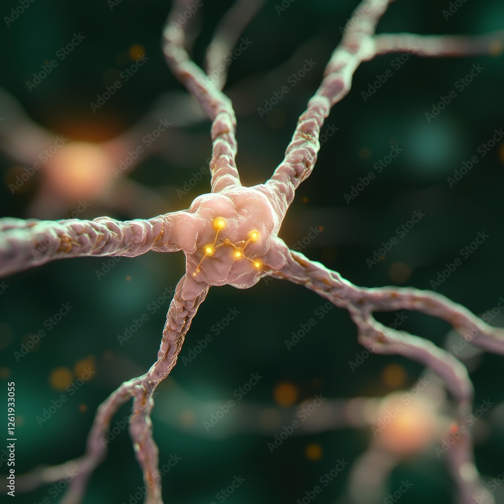Poster microscopic view of a neuron with glowing synapses