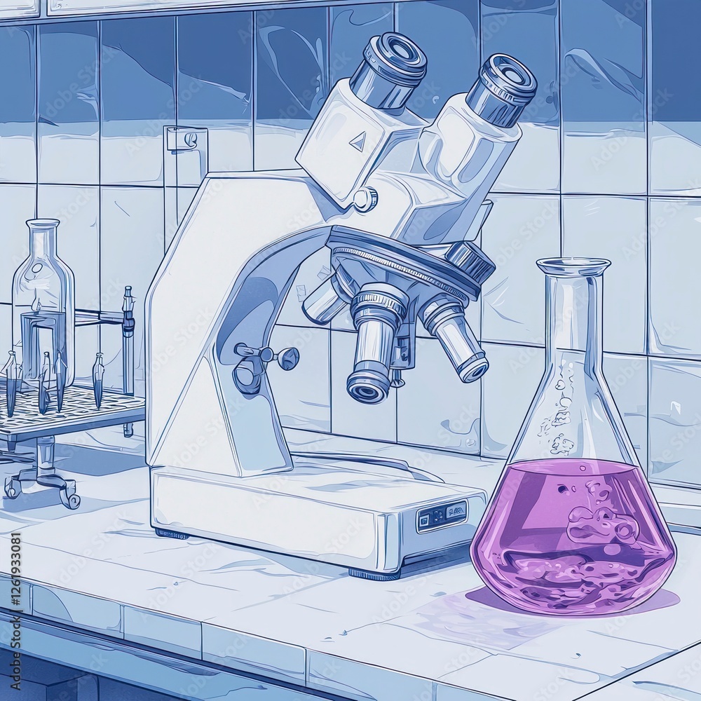 Poster microscope and flask in a blue-toned laboratory setting