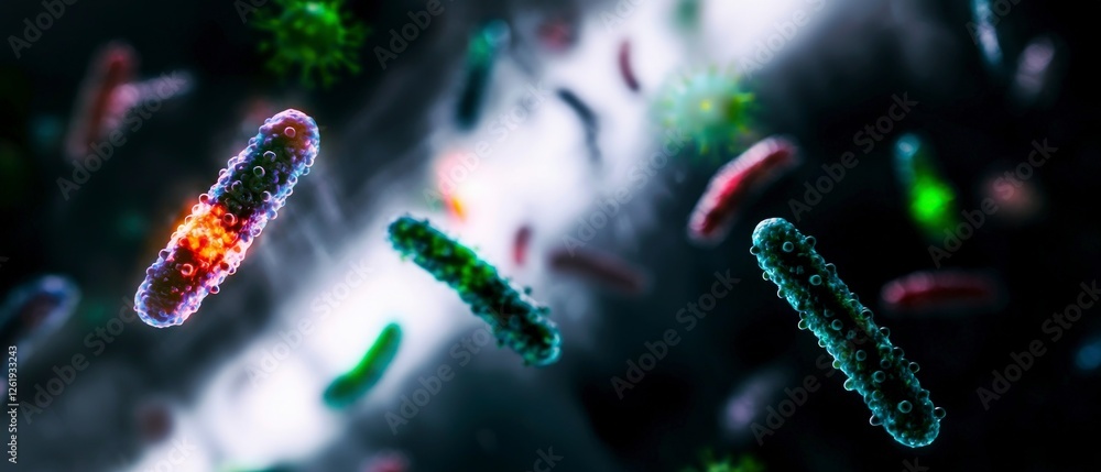 Poster microscopic view of glowing bacteria and viruses in dark background