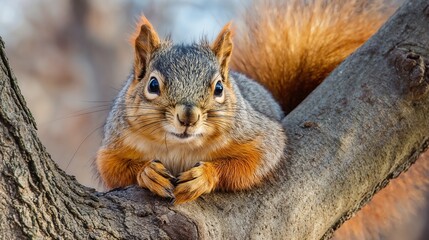 Fototapeta premium Curious squirrel on tree branch in autumn sunlight. Perfect for wildlife, nature, and seasonal content.
