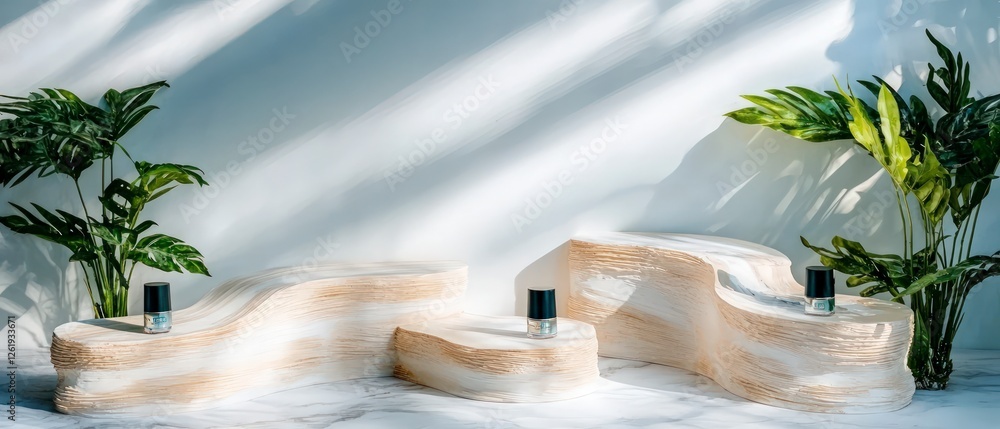 Poster minimalist product display with greenery and soft lighting
