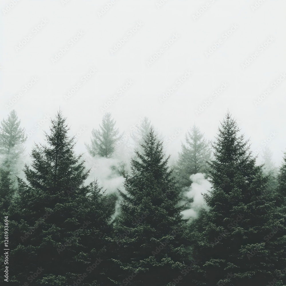 Poster misty green forest with fog enveloping coniferous trees