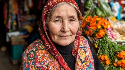 Fototapeta premium Elderly woman in colorful headscarf at flower market. Perfect for cultural diversity, aging gracefully, and traditional market content.