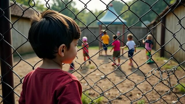 A child looking through a fence at a playground where wealthy children are playing, while the other side shows poverty and decay, emphasizing access to opportunities, emotional contrast