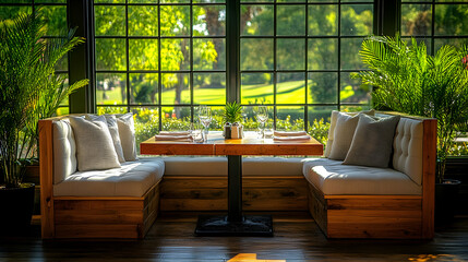 Sunny restaurant booth with golf course view, ideal for dining