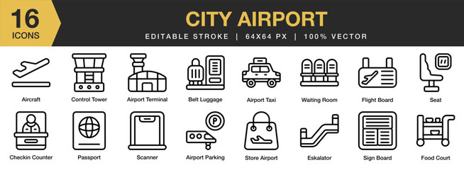 Fototapeta na wymiar City Airport icon set. Editable Stroke Icon Collection. Includes airport, city, travel, building, plane, and More. Outline icons vector collection.