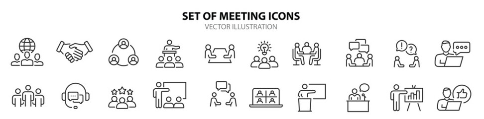 Meeting web icon set in line style. Conference, team, brainstorm, seminar, interview, collection. Vector illustration.