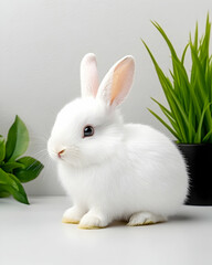 Obraz premium White rabbit sitting in a white table near plants, against a bright white backdrop. Generative AI