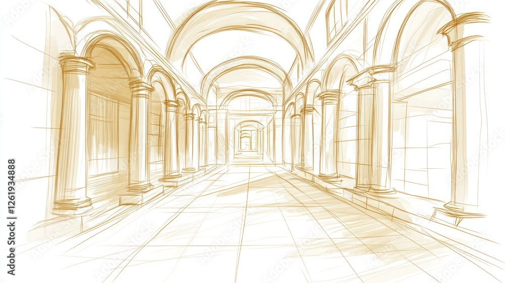 Poster a sketch of a spacious corridor with arches and columns, showcasing architectural design.
