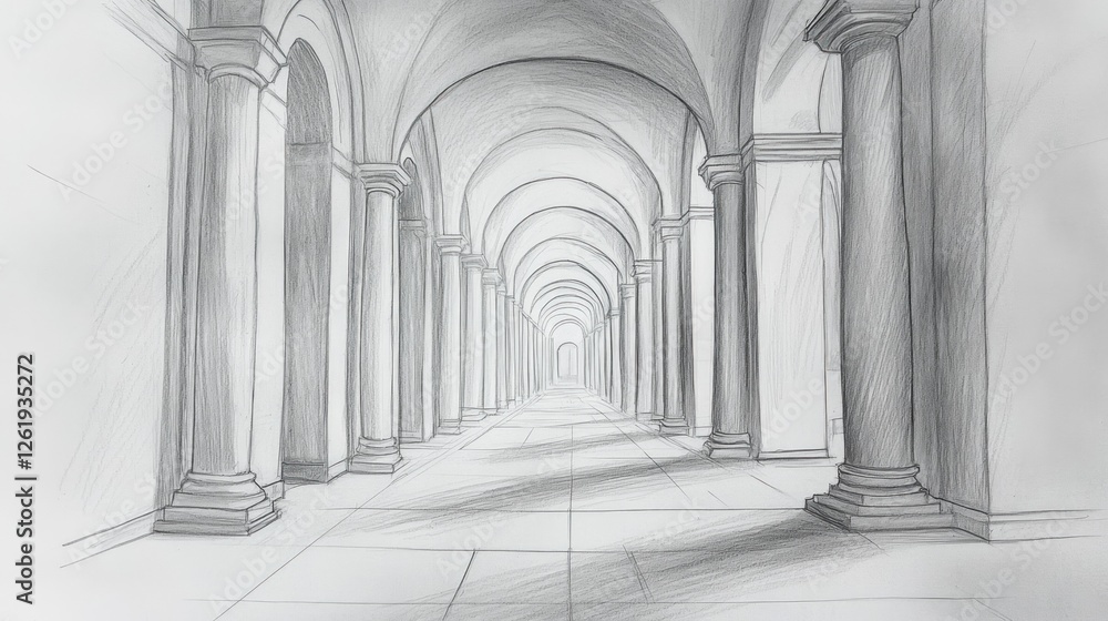 Aufkleber a detailed sketch of a grand corridor with arches and columns, creating depth and perspective.